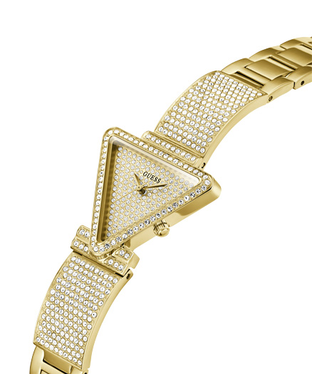 Odkryj złoty zegarek damski Guess Fame GW0644L2 z trójkątną kopertą na stalowej bransolecie 