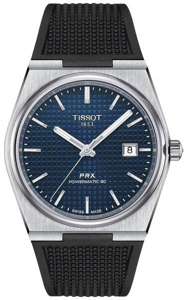Zegarek TISSOT PRX POWERMATIC 80 T137.407.17.041.00 z niebieską tarczą, srebrną kopertą oraz czarnym paskiem