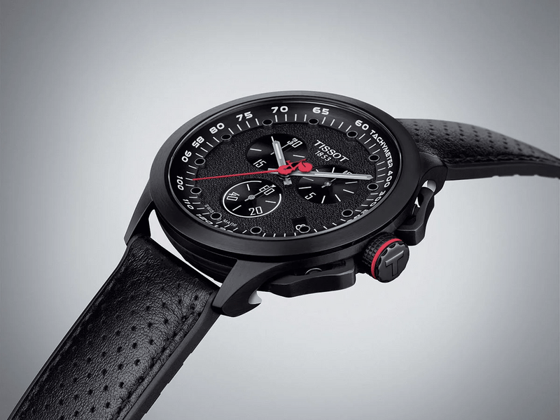 Męski zegarek sportowy TISSOT T135.417.37.051.01 z czarną tarczą na czarnym skórzanym pasku