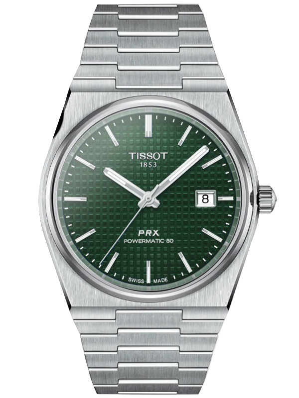 Zegarek męski TISSOT PRX POWERMATIC 80 T137.407.11.091.00 z zieloną tarczą i srebrną kopertą na stalowej bransolecie