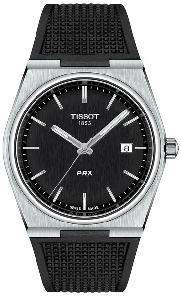 Zegarek Tissot o czarnej tarczy, srebrnej kopercie na czarnym pasku gumowym