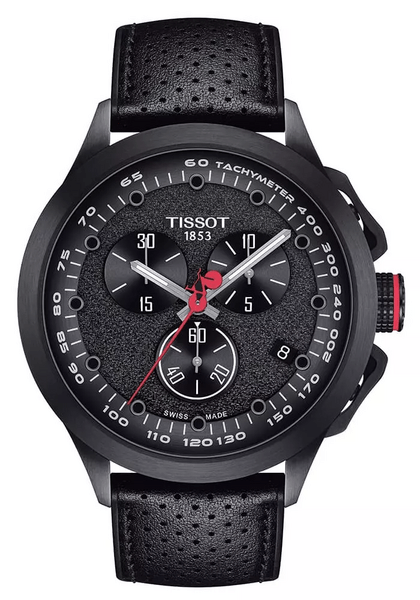 Męski zegarek sportowy TISSOT T135.417.37.051.01 z czarną tarczą na czarnym skórzanym pasku