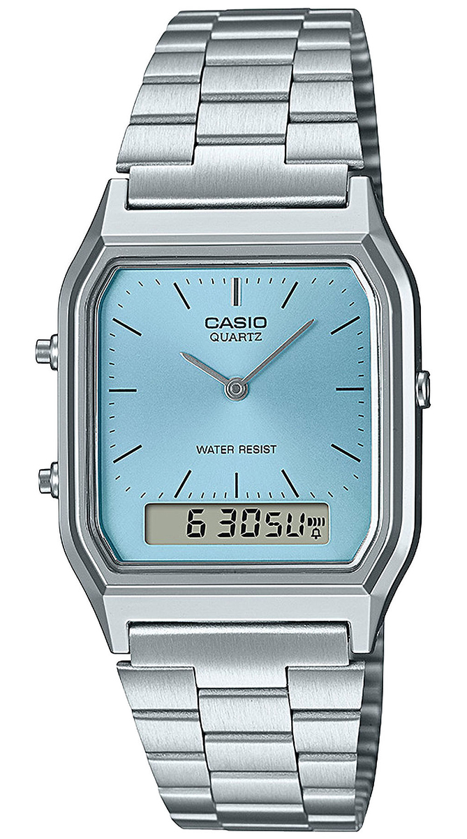 Zegarek Casio AQ-230A-2A1MQYES z kwadratową koperą o błękitnym kolorze