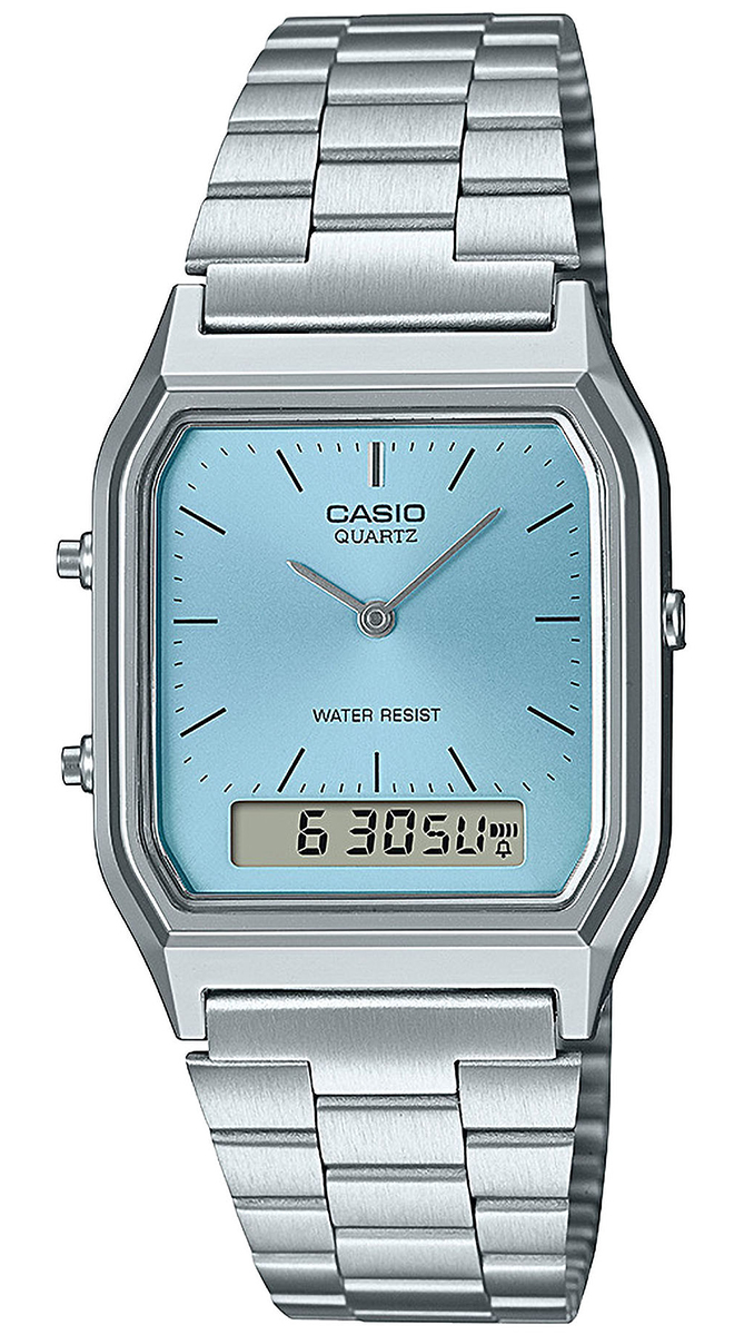 Zegarek Casio AQ-230A-2A1MQYES  z kwadratową koperą o błękitnym kolorze