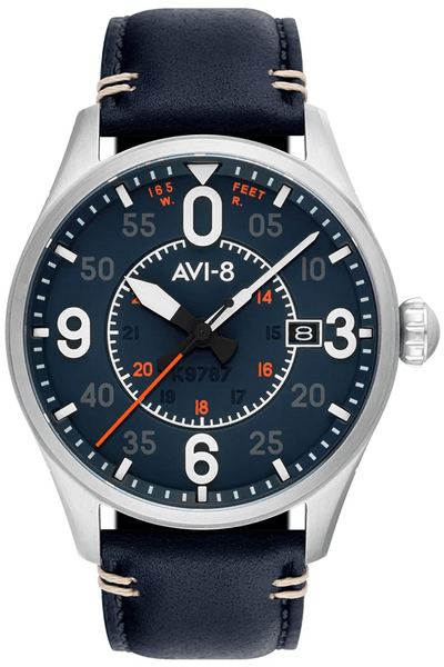 Zegarek męski AVI-8 AV-4090-02 z niebieską tarczą i srebrną kopertą na niebieskim pasku
