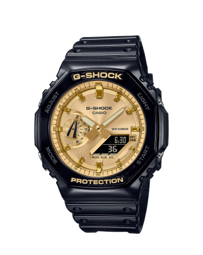 Zegarek męski Casio G-Shock GA-2100GB-1AER na pasku w czarnym kolorze ze złotą tarczą