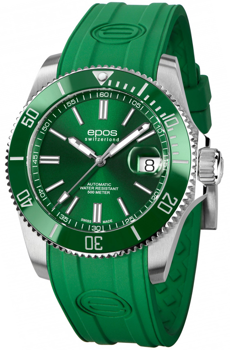 Sportowy zegarek męski z zieloną tarczą na pasku EPOS 3504.131.93.13.53