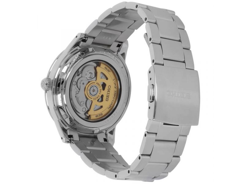 Zegarek męski Seiko GMT Style 60’s z mechanizmem automatycznym, szarą tarczą oraz czarnym, skórzanym paskiem