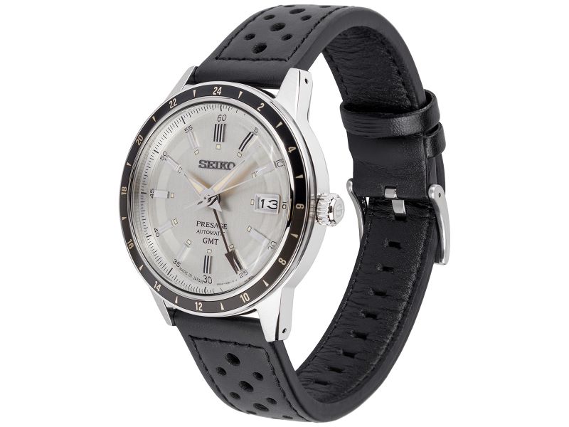 Zegarek męski Seiko GMT Style 60’s z mechanizmem automatycznym, szarą tarczą oraz czarnym, skórzanym paskiem