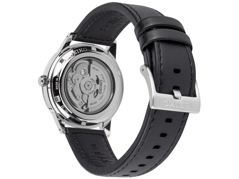 Zegarek męski Seiko GMT Style 60’s z mechanizmem automatycznym, szarą tarczą oraz czarnym, skórzanym paskiem