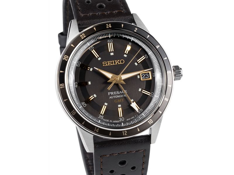 Zegarek męski Seiko GMT Style 60’s z mechanizmem automatycznym, szarą tarczą oraz czarnym, skórzanym paskiem