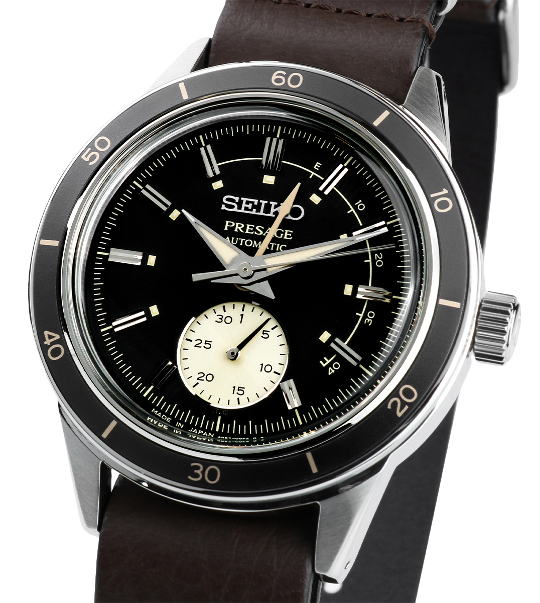 Zegarek męski Seiko GMT Style 60’s z mechanizmem automatycznym, szarą tarczą oraz czarnym, skórzanym paskiem