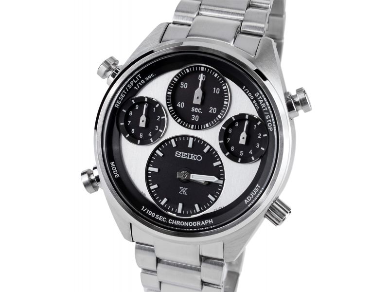 Czarna tarcza zegarka SEIKO Prospex Speedtimer 1/100 Sec Solar Chronograph SI SFJ003P1 z trzema sub-tarczami i srebrną kopertą