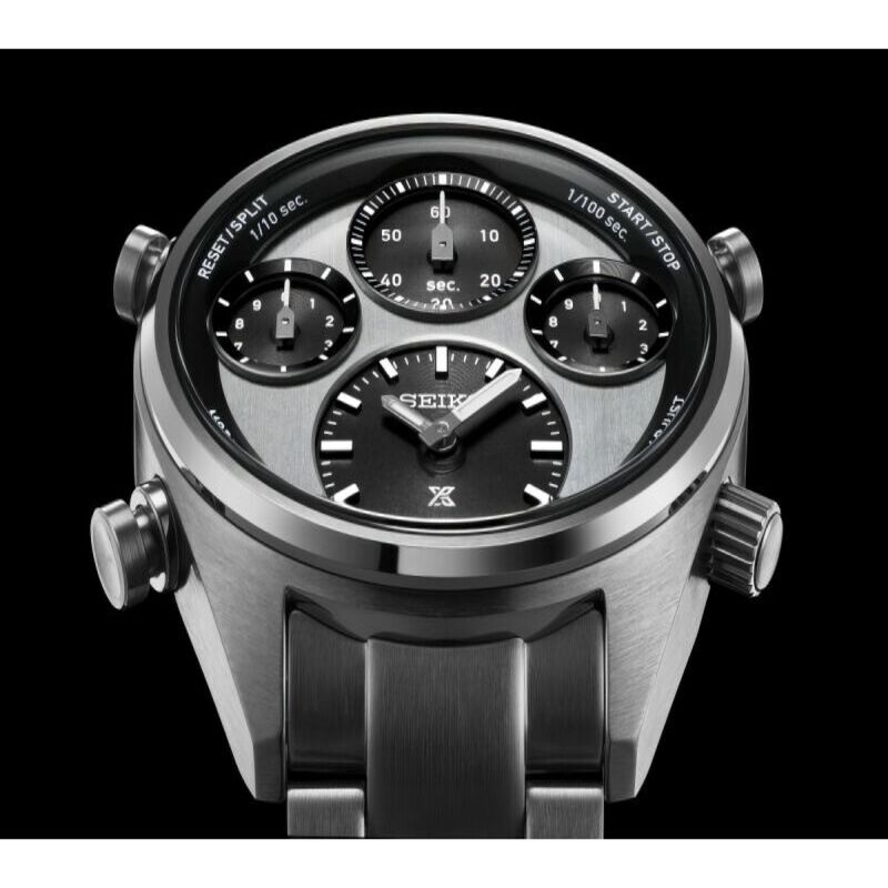 Czarna tarcza zegarka SEIKO Prospex Speedtimer 1/100 Sec Solar Chronograph SI SFJ001P1 z trzema sub-tarczami i srebrną kopertą