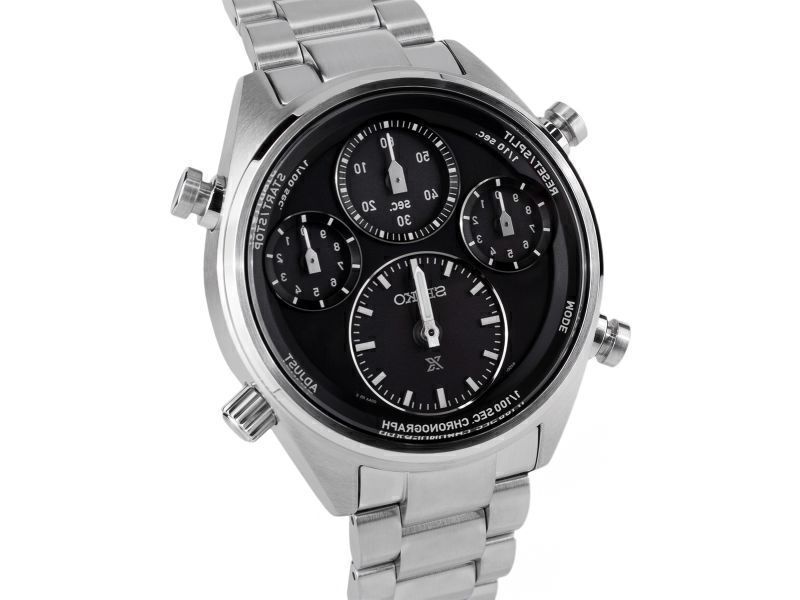 Czarna tarcza zegarka SEIKO Prospex Speedtimer 1/100 Sec Solar Chronograph SI SFJ003P1 z trzema sub-tarczami i srebrną kopertą