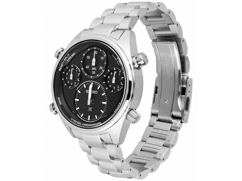 Czarna tarcza zegarka SEIKO Prospex Speedtimer 1/100 Sec Solar Chronograph SI SFJ003P1 z trzema sub-tarczami i srebrną kopertą