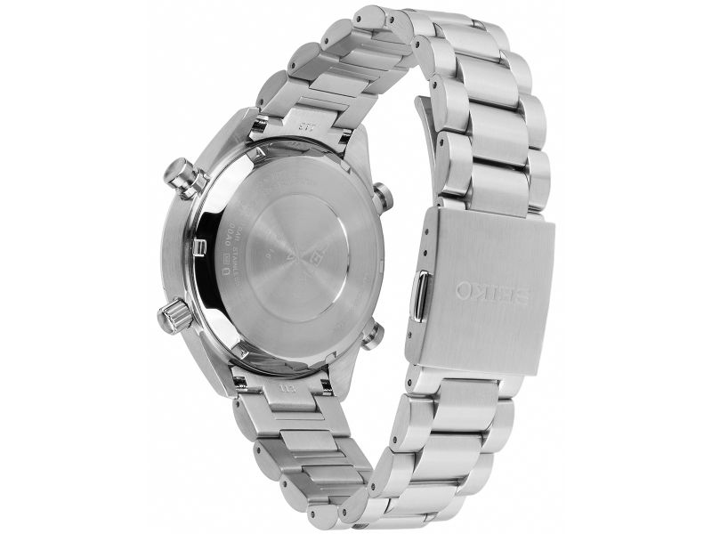 Czarna tarcza zegarka SEIKO Prospex Speedtimer 1/100 Sec Solar Chronograph SI SFJ003P1 z trzema sub-tarczami i srebrną kopertą