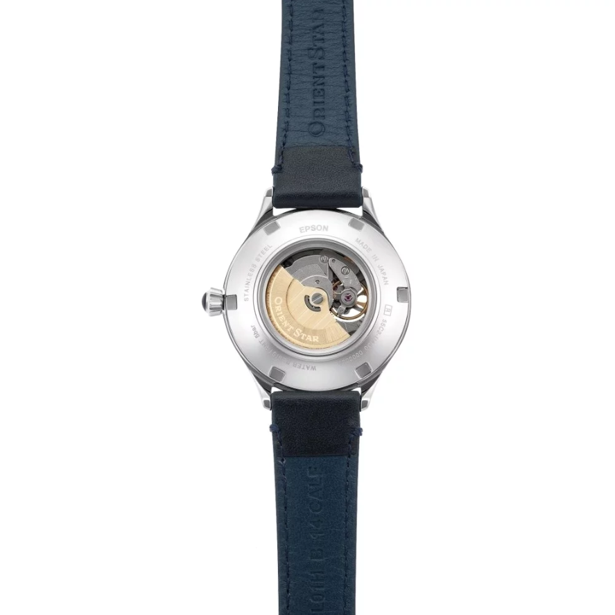 Zegarek damski z niebieską tarczą open heart Orient Star RE-ND0012L00B